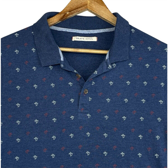 Brave Soul London Mens Small Birds Print Midnight Blue Polo Shirt Preppy Geeky - Picture 12 of 12